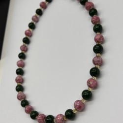 Vintage Green Pink Glass Beaded Necklace